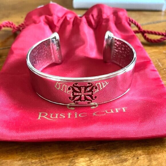 GIFT BAG INCLUDED Rustic Cuff Silvertone and Red Enamel Cuff Bracelet - Picture 2 of 6